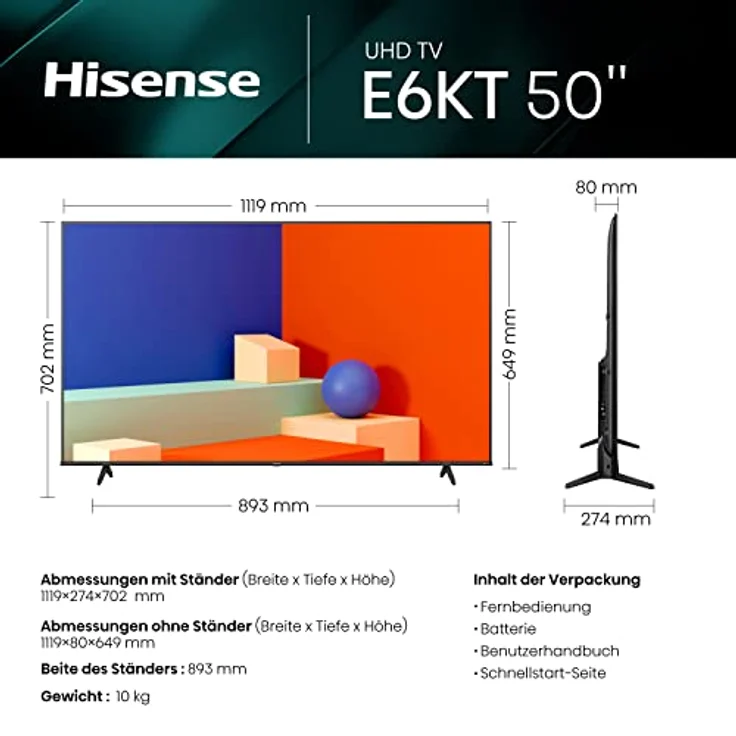 Hisense 50E6KT 127cm (50 Zoll) Fernseher, 4K UHD, LED, Smart TV, HDR, Dolby Vision, Triple Tuner DVB-C/S/S2/T/T2, WiFi, Bluetooth, Alexa Built-In, Hotel Mode [2023] – Bild 2