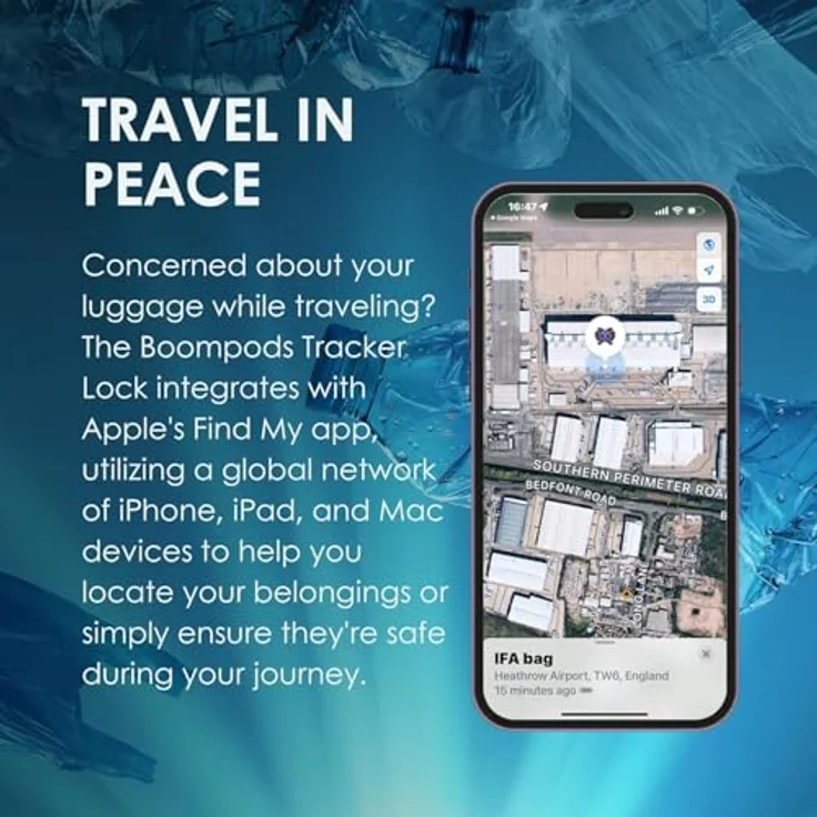 Boompods Tracker Lock, TSA-zugelassenes Gepäckschloss mit Ortungsfunktion, wasserdichtes Zahlenschloss in Grau, kompatibel mit Android und Apple – Bild 4