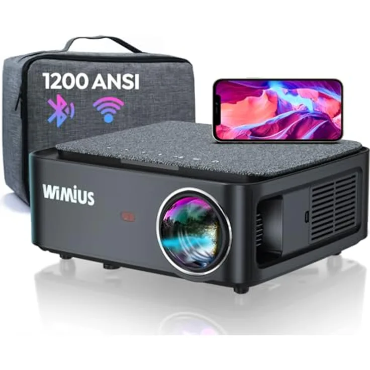 WiMiUS K1 Beamer, Full HD 1080P, 1200 ANSI Lumen, 5G WiFi, Bluetooth, 300 Zoll Display, tragbare Tasche, kompatibel mit Fire Stick, Smartphone, PS5