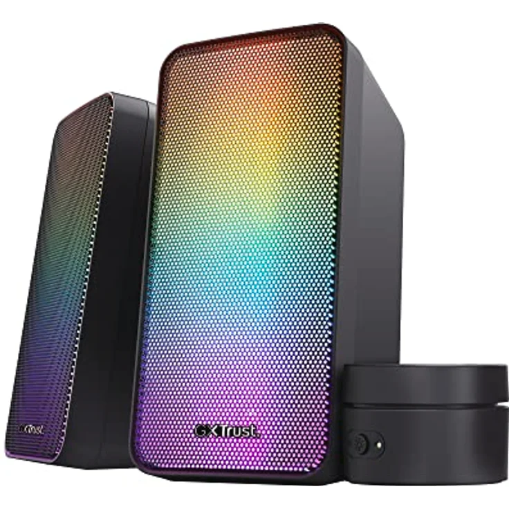 Trust Gaming GXT 611 Wezz 2.0 PC Lautsprecher mit RGB LED-Beleuchtung, 12 W (6 W RMS), 3,5 mm AUX Klinke, USB Soundsystem, Stereo Computer Boxen für PC, Laptop, Tablet, Desktop - Schwarz – Bild 1