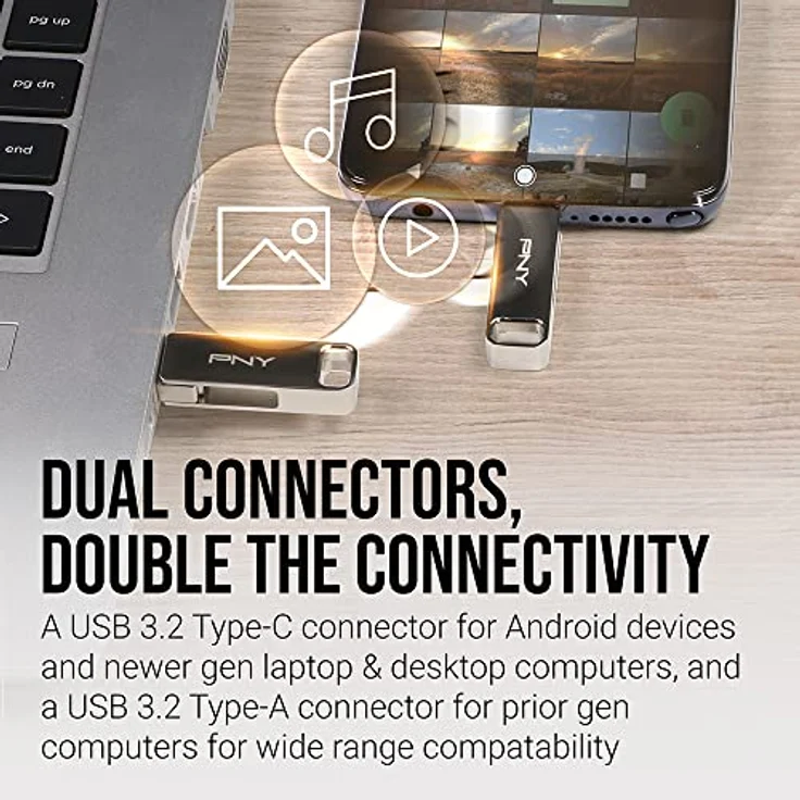 PNY 64GB Duo LINK USB 3.2 Typ-C Dual Flash Drive für Android-Geräte und Computer - Externer mobiler Speicher für Fotos, Videos und mehr - 200MB/s – Bild 5