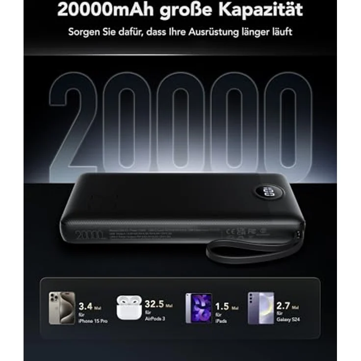 VRURC Powerbank 20000mAh, Tragbares Ladegerät mit integrierten Kabeln, Schnellladung 22,5W, LED-Anzeige, kompatibel mit iPhone, Huawei, Samsung – Bild 4