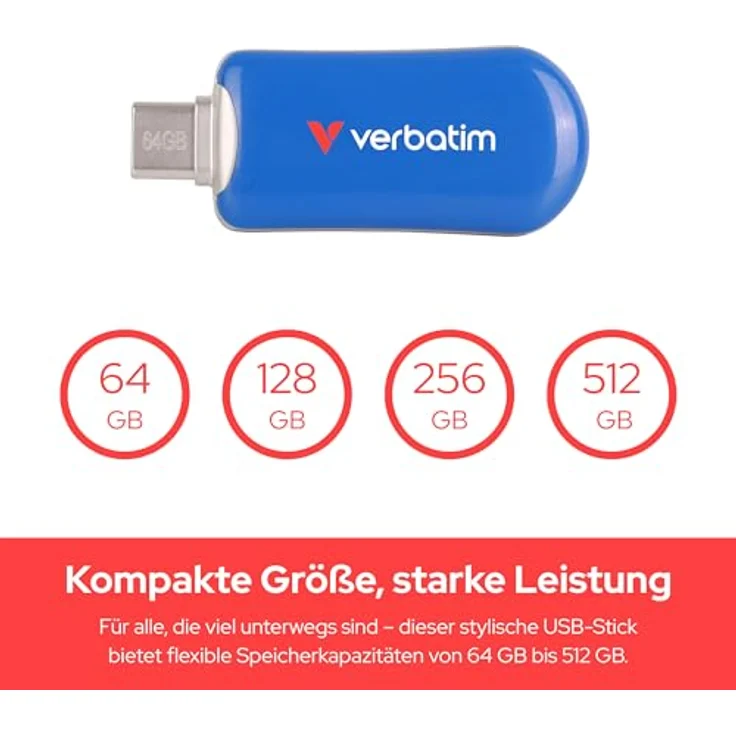 Verbatim Plectra USB-C Stick 64 GB, 3.2 Gen 1 Flash Drive mit bis zu 100 MB/s, kompakter Speicher für iPad, iPhone, Smartphone, Laptop, PC, blau – Bild 4