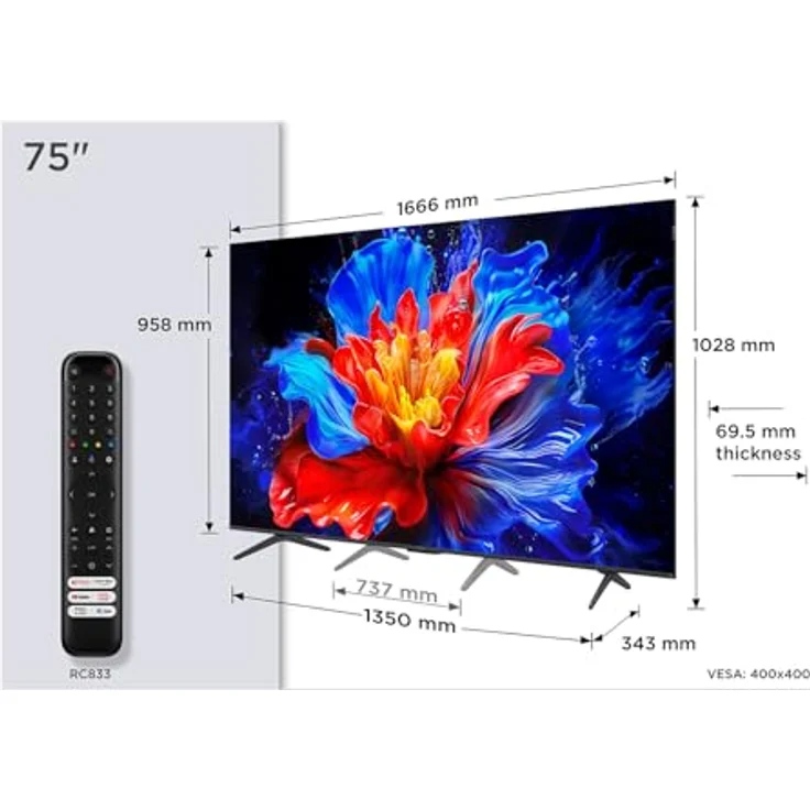 TCL 75P8K 75 Zoll QLED 4K HDR UHD Fernseher, Smart Google TV mit Dolby Vision & Atmos, 144Hz Motion Clarity Pro, Onkyo 2.1 Sound, Sprachsteuerung, Google Assistant kompatibel – Bild 2