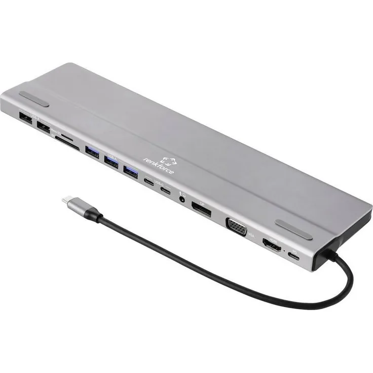 Renkforce Laptop-Dockingstation 15-in-1 USB-C®, Aluminium-Gehäuse, 4K UHD, integrierter Kartenleser, USB-C® Power Delivery