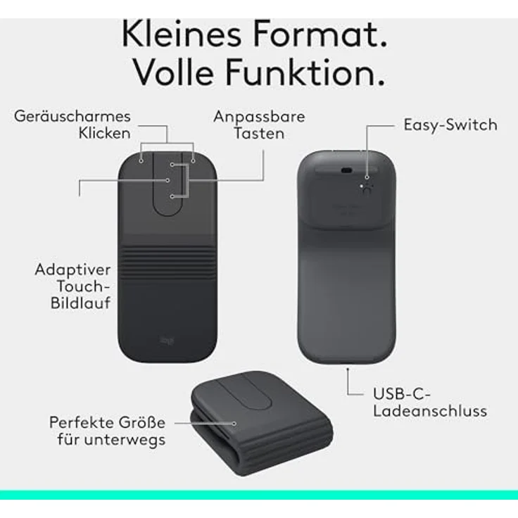 LOGITECH Mobi Fold kabellose Faltbare Maus, ultramobile kompakte Maus mit 4K DPI-Abtastung, Graphite – Bild 3