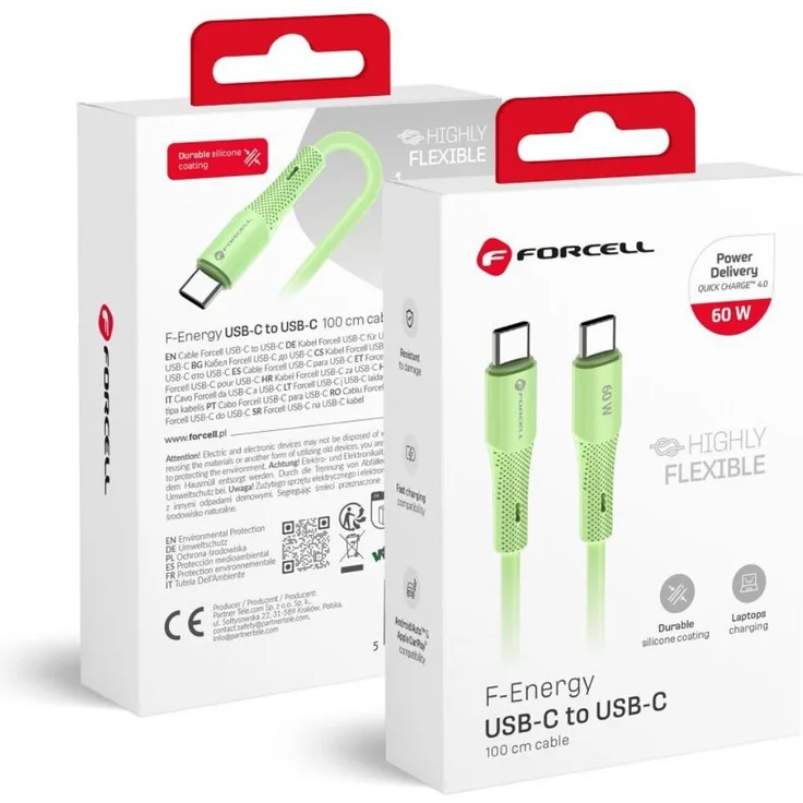 Forcell USB C Kabel C344, 60W PD 3A Schnellladekabel, 1m Silikon, QC4.0, Grün