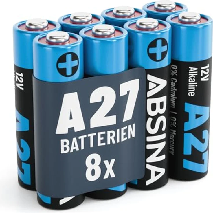 ABSINA 8X 27A 12V Batterie - Alkaline Mini auslaufsicher & langlebig - Garagentoröffner & mehr - MN27, A27A, LR27A, A27 12V (8er Pack) – Bild 1