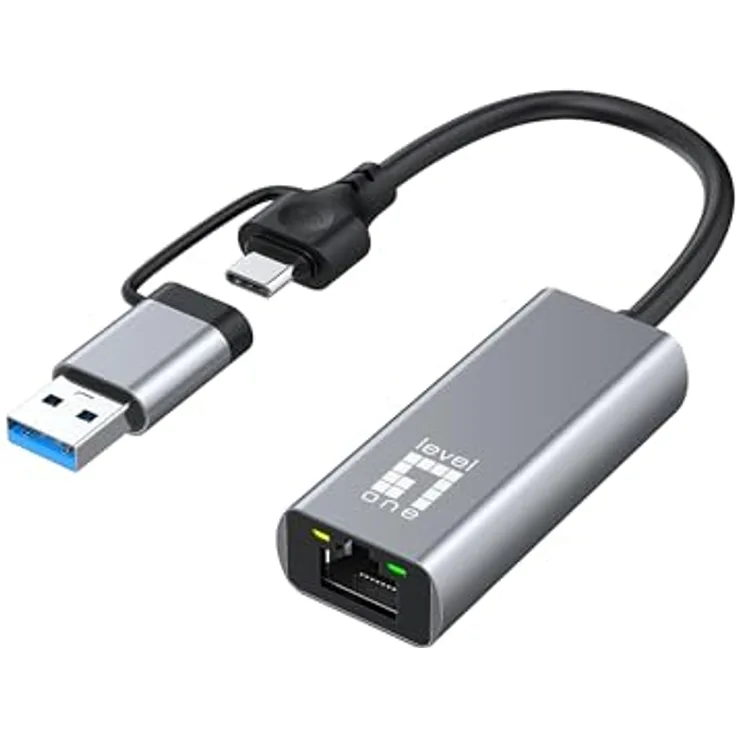 LevelOne USB-0423, Adapter USB-C + USB-A zu RJ45, 2.5 Gbps Ethernet, grau