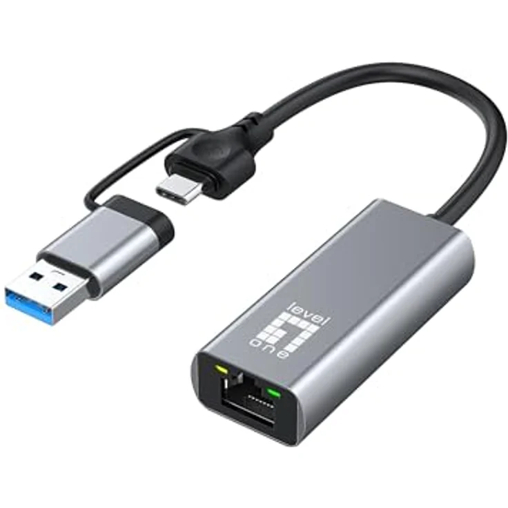 LevelOne USB-0423, Adapter USB-C + USB-A zu RJ45, 2.5 Gbps Ethernet, grau – Bild 1