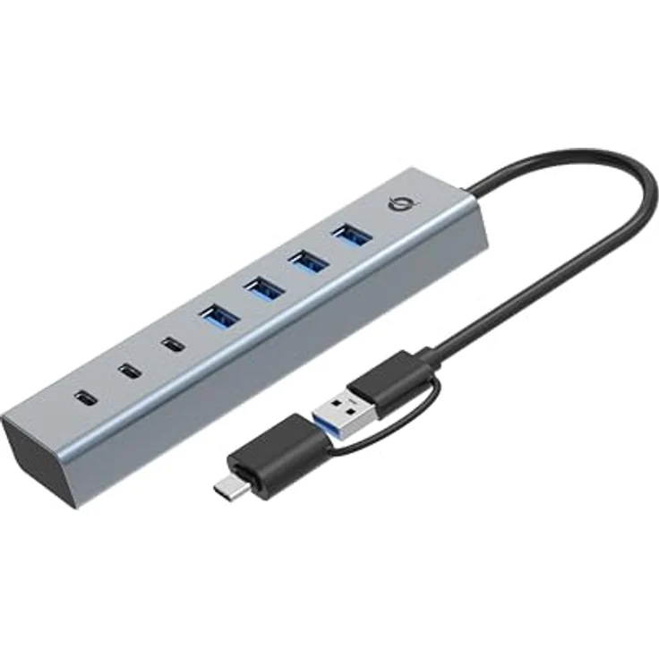 Conceptronic HUBBIES20GP 7-Port USB 3.2 Gen 1 Hub mit Netzteil, 5Gbps, USB-C x 3, USB-A x 4, Aluminiumgehäuse, silber – Bild 2