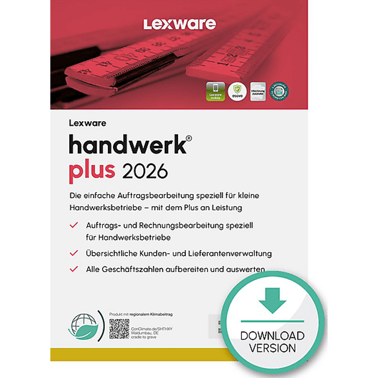 LEXWARE HANDWERK PLUS 2026, Steuersoftware für Handwerksbetriebe mit Aufmaßberechnung und Kundenverwaltung - 365 Tage Lizenz [PC]