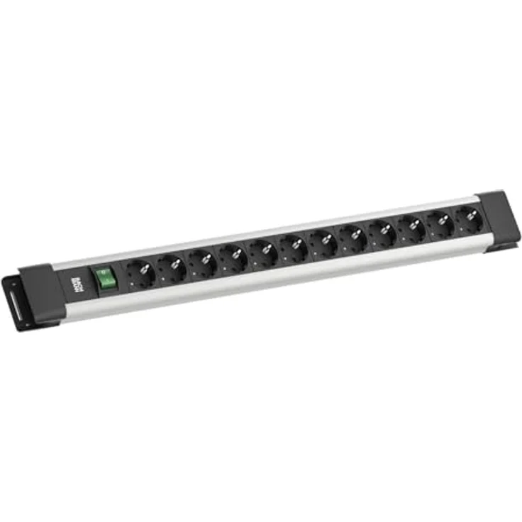 Bachmann CONNECTUS 12xCEE7/3 Steckdosenleiste mit 2m Kabellänge und 1x 2-poligem Schalter, graues Kunststoffprofil mit schwarzen Endkappen – Bild 1
