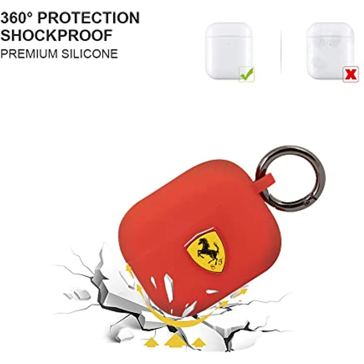 Ferrari FEA3SILRE, Hülle für AirPods 3, silikon, rote Farbe, 360° Schutz, stoßfest, mit Schlüsselanhänger und Unterstützung für kabelloses Laden – Bild 3