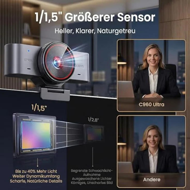 EMEET C960 Ultra Webcam 4K, USB Webkamera für Mac mit 1/1,5" Sensor, schneller Autofokus und integrierter Datenschutzabdeckung – Bild 2