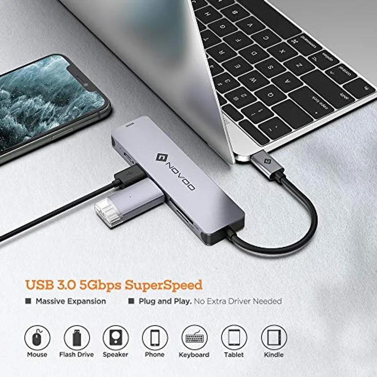 NOVOO Mulitport USB C Hub Adapter USB C auf USB x 4, 100 W PD Ladeanschluss, 4 K HDMI, RJ45 Ethernet, 7 in 1 USB C Adapter kompatibel mit MacBook Pro MacBook Air NVHUB1R7PDNS – Bild 2