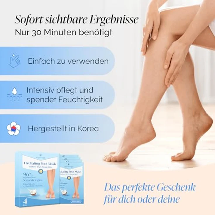 Plantifique Koreanische Fußmaske Socken, 4 Paar mit Box - Feuchtigkeitsspendende Hornhautentferner für trockene Füße und rissige Fersen, Universalgröße bis 11 US/45 EU – Bild 4