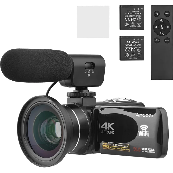 Andoer 4K-Digitalvideokamera, WiFi-Camcorder mit 56 MP, 18-fachem Digitalzoom, 3,0-Zoll-IPS-Touchscreen, Gesichtserkennung, IR-Nachtsicht, inklusive 2 Batterien, Fernbedienung, Tragetasche und externem Mikrofon