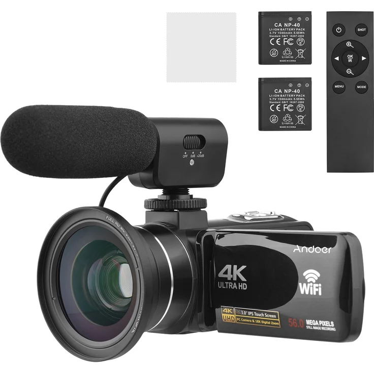 Andoer 4K-Digitalvideokamera, WiFi-Camcorder mit 56 MP, 18-fachem Digitalzoom, 3,0-Zoll-IPS-Touchscreen, Gesichtserkennung, IR-Nachtsicht, inklusive 2 Batterien, Fernbedienung, Tragetasche und externem Mikrofon