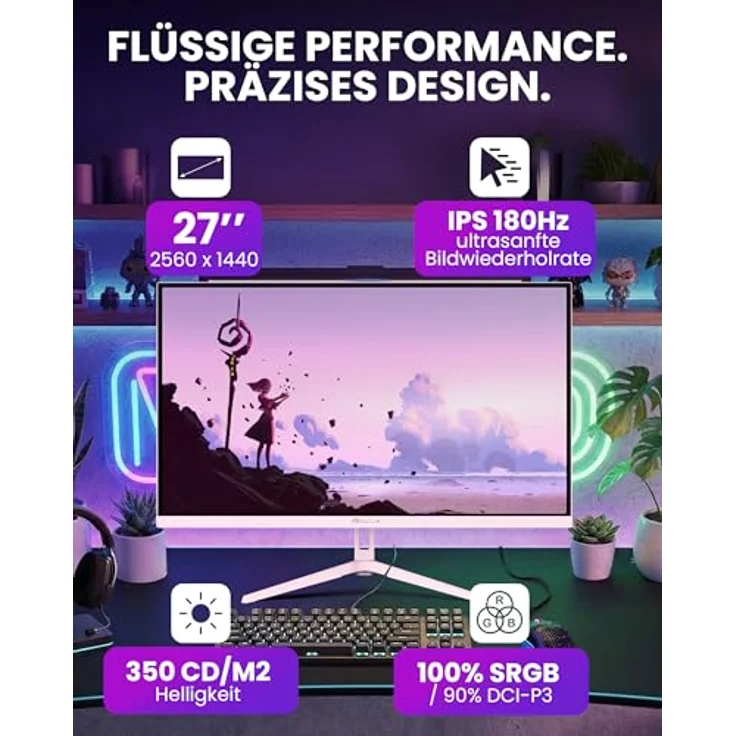 Arozzi Nova 27” Gaming Monitor, QHD 1440p, IPS, 180Hz, Adaptive Sync, HDR10, 100 % sRGB, flimmerfrei, rosa – Bild 2