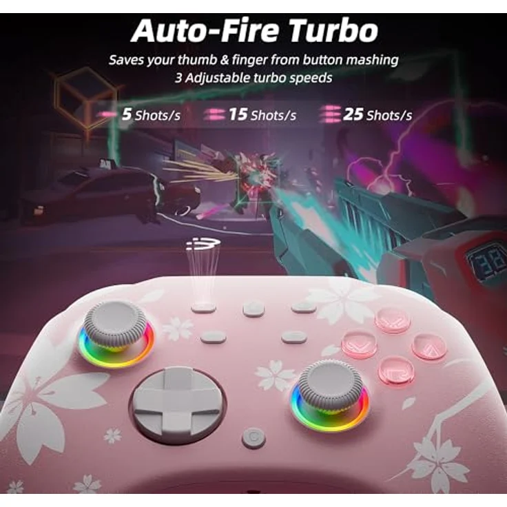 Mytrix Wireless Controller für Switch/Switch 2/Switch OLED, Pro Controller mit Turbo, Bewegungskontrolle, LED-Lichtern, 3,5-mm-Audioanschluss, rosa Sakura – Bild 3