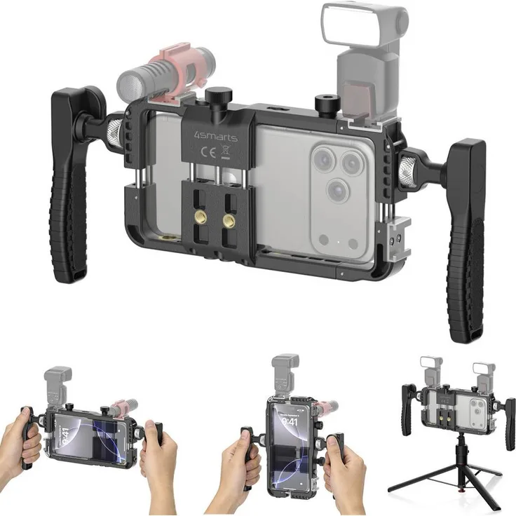 4Smarts Smartphone-Video-Rig Schwarz, flexibles Doppelgriff-Design für stabile Videoaufnahmen, kompatibel mit Smartphones von 58–85 mm Breite