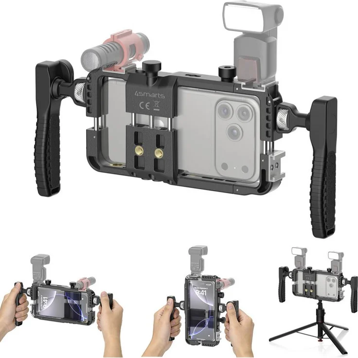 4Smarts Smartphone-Video-Rig Schwarz, flexibles Doppelgriff-Design für stabile Videoaufnahmen, kompatibel mit Smartphones von 58–85 mm Breite