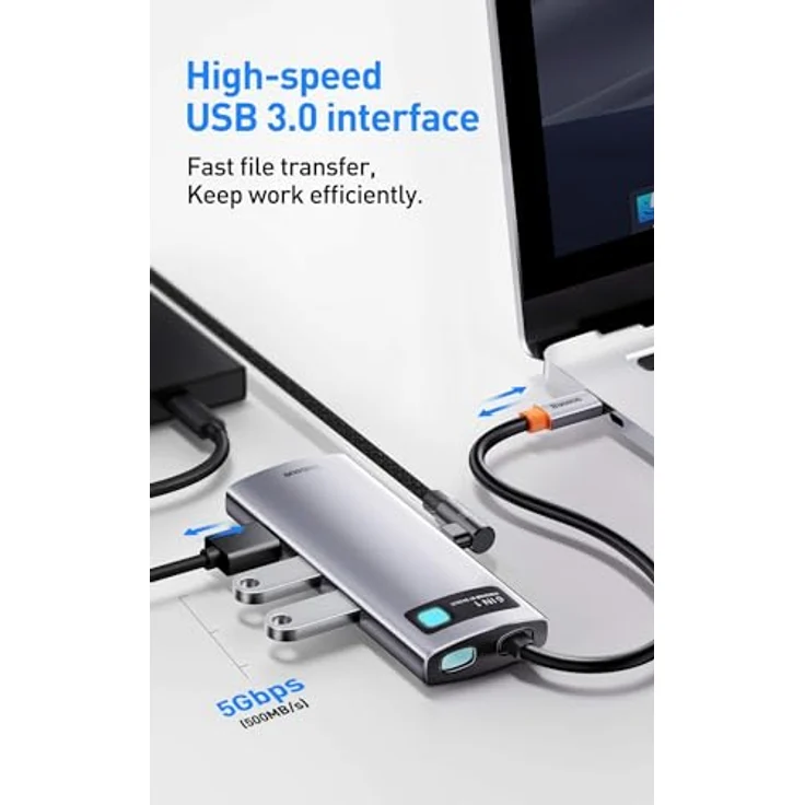 Baseus Metal Gleam 6 in 1 Multifunktions-PC/Phone Hub Adapter Grau, USB Type C Eingang, USB Type A 3.0 X 3 Ausgang, Reisegröße – Bild 4