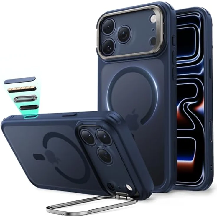 ESR iPhone 17 Pro Hülle, Kamerasteuerung, kompatibel mit MagSafe, Militärnorm Schutzhülle, integrierter versteckter Ständer, kratzfeste Rückseite, Classic Serie, Matt Blau – Bild 1