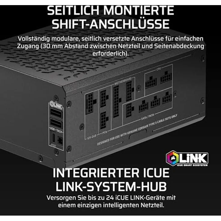 Corsair HX1200i SHIFT, ATX 1200W Netzteil mit 80 PLUS Platinum-Zertifikat, vollmodularem Kabelmanagement und 140 mm Lüfter, Schwarz – Bild 4