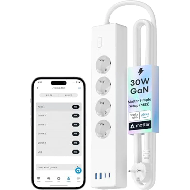 Meross Matter Steckdosenleiste GaN USB C Ladegerät 30W, Smart Mehrfachsteckdose mit WLAN, Alexa, Apple HomeKit, Google, 16A, individuelle Steuerung – Bild 1