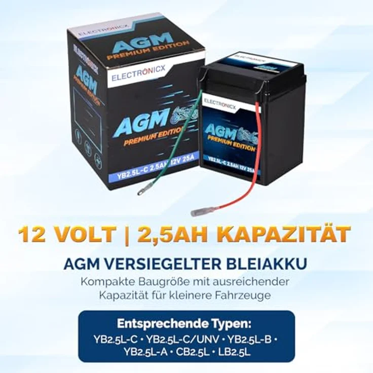 Electronicx AGM-YB2.5L-C AGM Motorradbatterie 2.5Ah 12V, wartungsfrei, auslaufsicher, rüttelfest für Motorrad, Roller und Quad – Bild 5