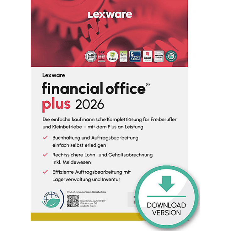 LEXWARE FINANCIAL OFFICE PLUS 2026, Steuersoftware für PC mit Lohn- und Gehaltsabrechnung, integrierter Kassenbuchfunktion und Elster-Schnittstelle, 365-TAGE Lizenz