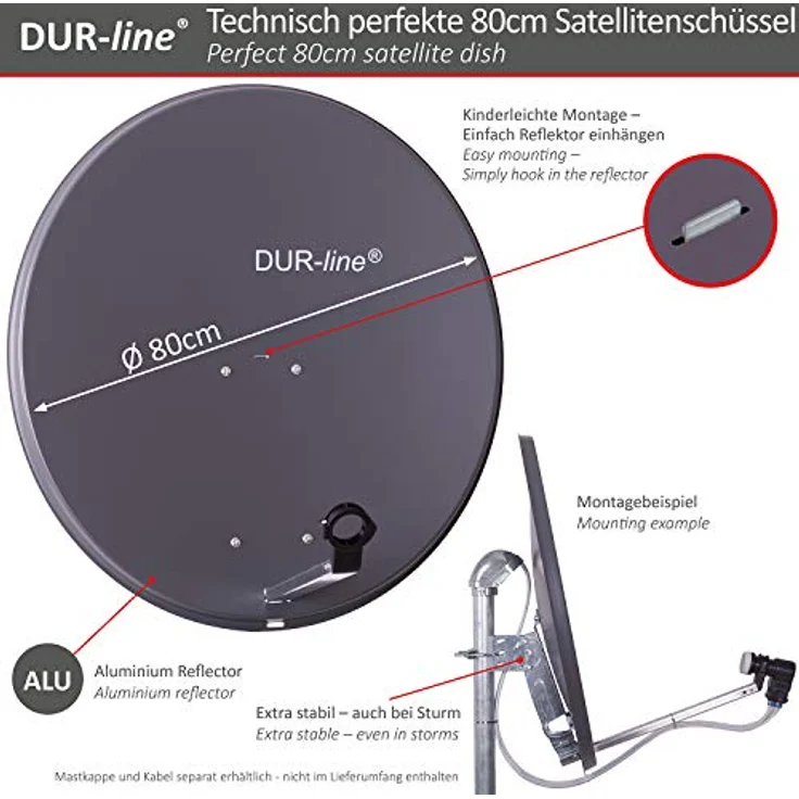 DUR-line MDA 80 Satellitenschüssel anthrazit + Quad LNB – Bild 4