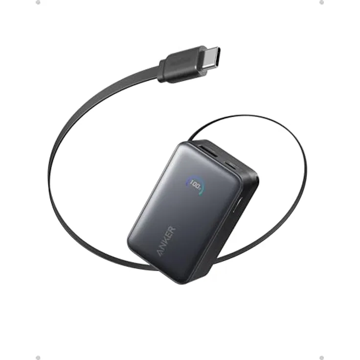 Anker Nano Powerbank 10.000mAh, Externer Akku mit 70cm Einzugskabel, 45W Max, Smart-Display, für iPhone 16 Serie, iPad, Galaxy, Pixel und mehr, Reisefreundlich