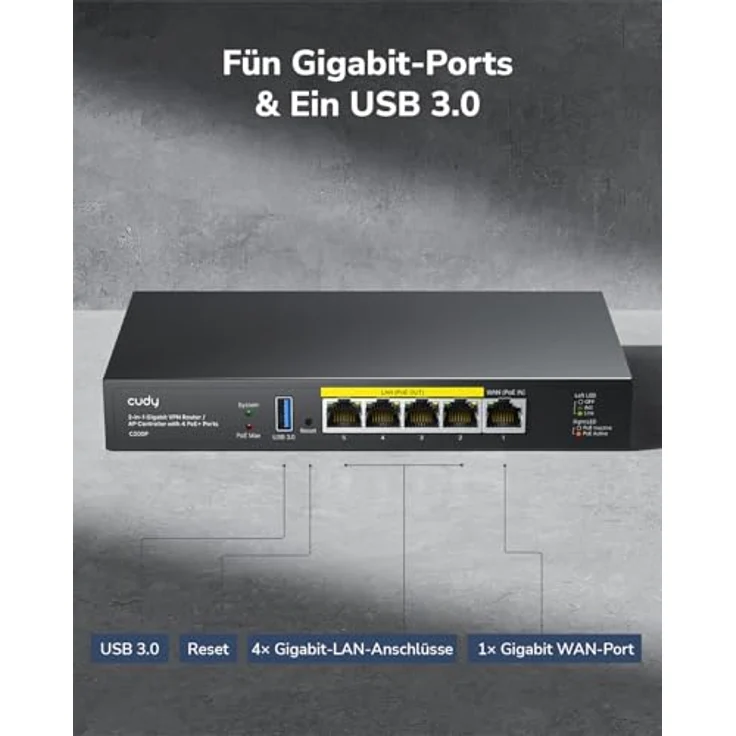 Cudy C200P Hardware-AP-Controller und VPN-Router, 200APs, PoE/DC-betrieben, Captive Portal, USB 3.0-Anschluss, intelligenter Netzwerkmonitor – Bild 5