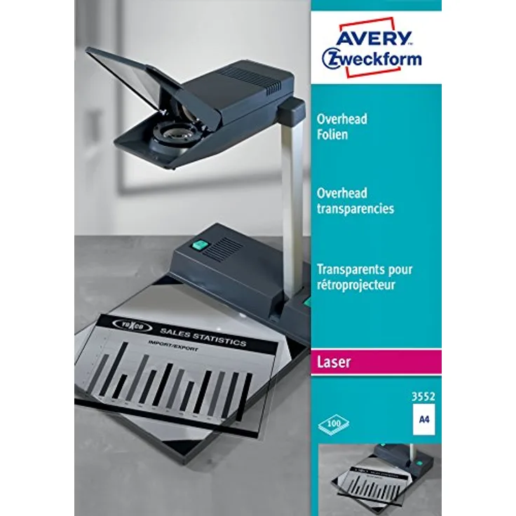 AVERY Zweckform 3552 Overhead-Folien für S/W Laserdrucker und -Kopierer (100 Transparentfolien, A4, spezialbeschichtet, stapelverarbeitbar, Folienstärke 0,10 mm, lösemittelfrei)