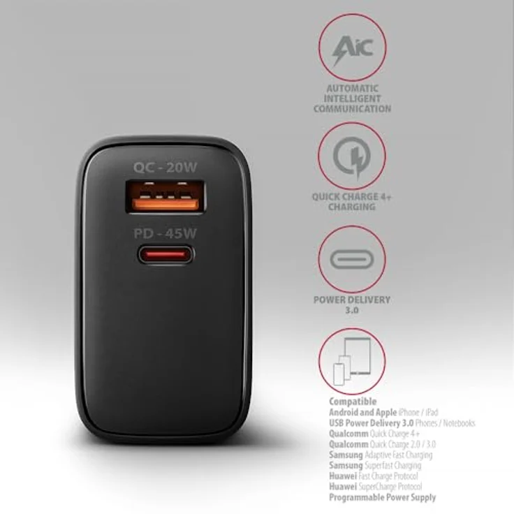 Axagon ACU-PQ45 GaN USB Ladegerät, 45 W mit 2x Ports (USB-A + USB-C), PD3.0, QC4+, Schwarz – Bild 4