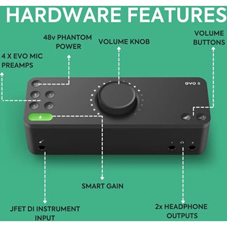 EVO 8 USB Audio Interface externe Soundkarte für Musikproduktionen (4 in / 4 out, Smartgain, Smart Touchpoints, Loopback Funktion, 48V Phantomspeisung, 4 Mikrofonvorverstärker, Windows / Mac / iOS) – Bild 5
