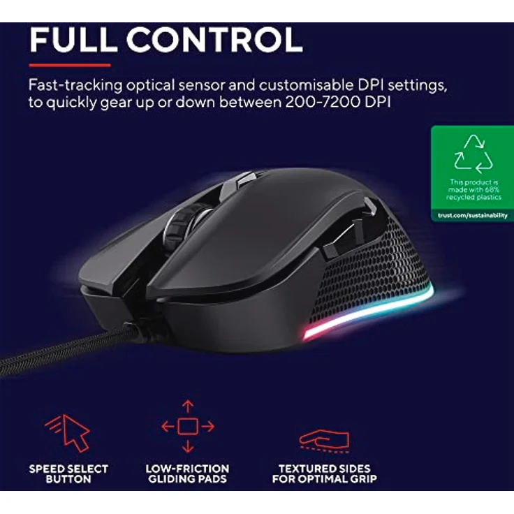 Trust Gaming GXT 922 Ybar Gaming Maus, 68% Recycelten Materialien, RGB LED-Beleuchtung, 6 Programmierbare Tasten, 200-7200 DPI, USB Kabel 2,1 m, PC Maus mit Software für Computer/Laptop - Schwarz – Bild 2