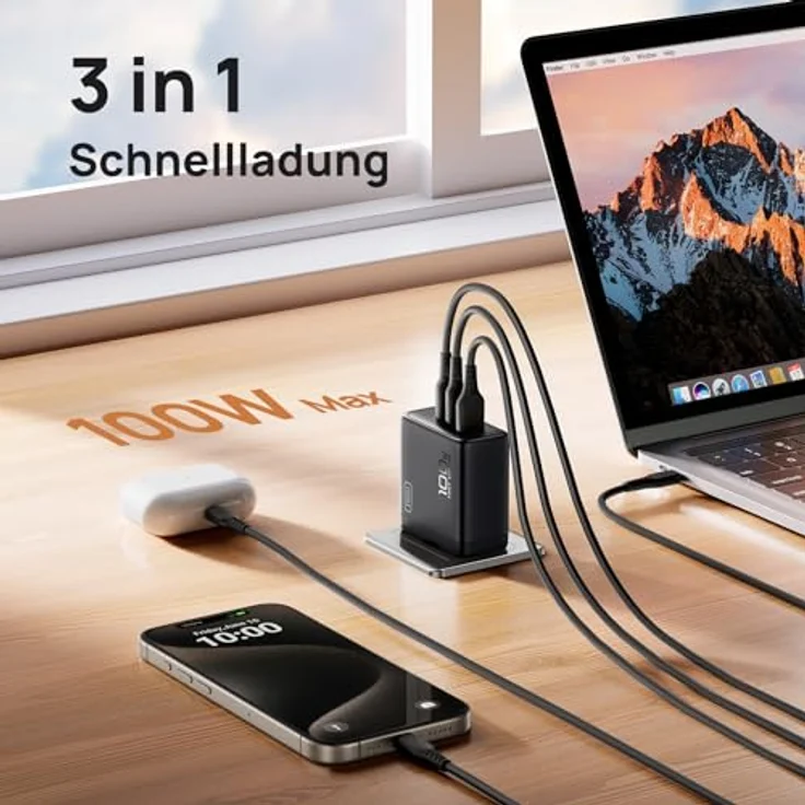 INIU 100W USB C SchnellLadegerät (GaN Ⅲ) 3 Ports Laptop Netzteil PD PPS Fast Charger für MacBook iPad Pro/Air, iPhone 15 14 Pro Max, Samsung S24/23 Ultra - Kompakt & Platzsparend – Bild 2