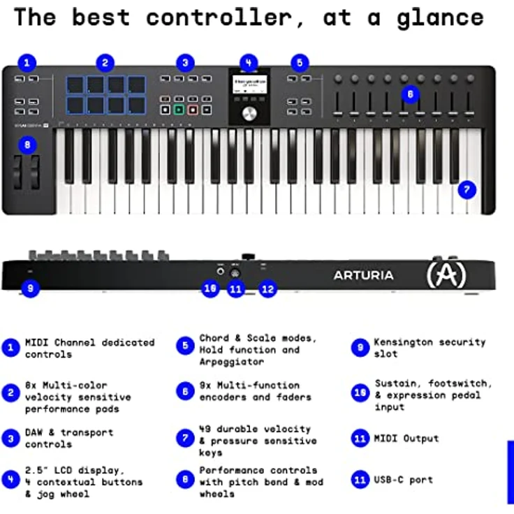 Arturia - KeyLab Essential 49 mk3 - MIDI Controller-Keyboard für die Musikproduktion - 49 Tasten, 9 Drehregler, 9 Fader, ein Modulationsrad, ein Pitch-Bend-Rad, 8 Pads - Weiß – Bild 5