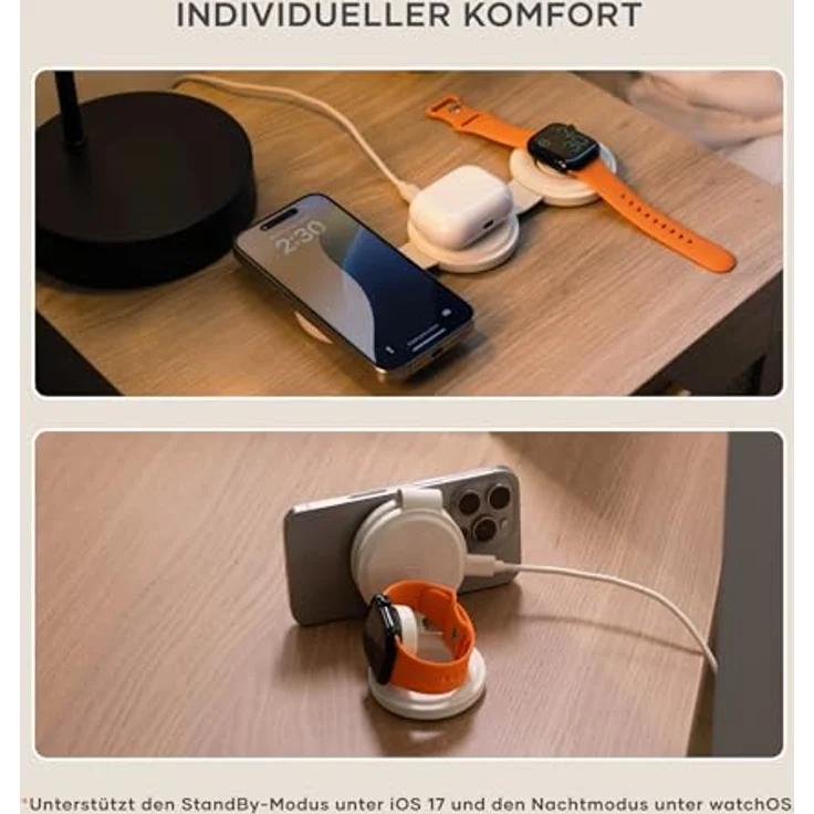 SATECHI OntheGo™ 3-in-1-Wireless-Ladegerät, tragbares Qi2-Ladegerät mit 15 W Schnellladung für iPhone 17 bis 12, 5 W für Apple Watch und 5 W für AirPods, magnetische Reiseladestation – Sand/Beige – Bild 5