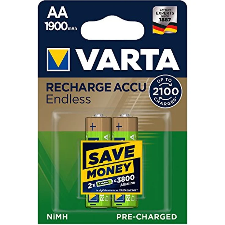 Varta Endless Akku, wiederaufladbar bis zu 2100 Aufladungen, geringe Selbstentladung, Ready-To-Use vorgeladener AA Mignon Ni-MH Akku, 2er Pack, 1900mAh, wiederaufladbar ohne Memory Effekt – Bild 3