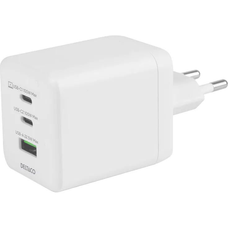 Deltaco USBC-GAN06, USB Ladegerät mit 100 W, 3 Anschlüsse, Power Delivery 3.0, weiß