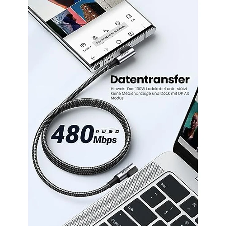 UGREEN USB C USB C Ladekabel 100W Doppelte Winkelstecker PD 3.0 PPS USB-C Kabel 90 Grad 5A/20V kompatibel mit iPhone 15 Pro Max, M2 MacBook Pro/Air iPad Pro 2021 iPad Air 5 Galaxy S24 A54 usw. (2m) – Bild 3