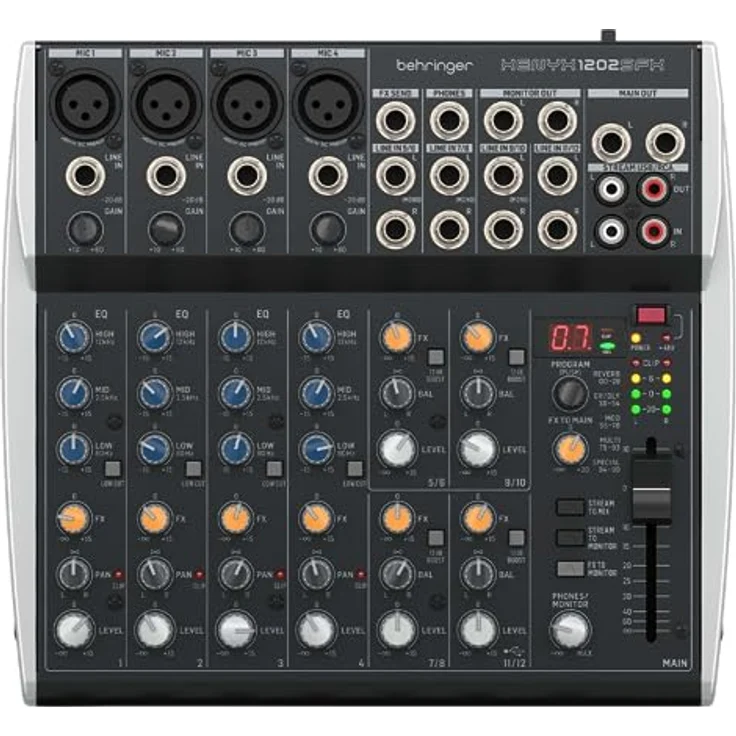 Behringer Xenyx 1202SFX, analogen Mischpult mit 12 Eingängen, USB-Streaming, Klark Technik FX-Prozessor und 3-Band-EQs – Bild 1
