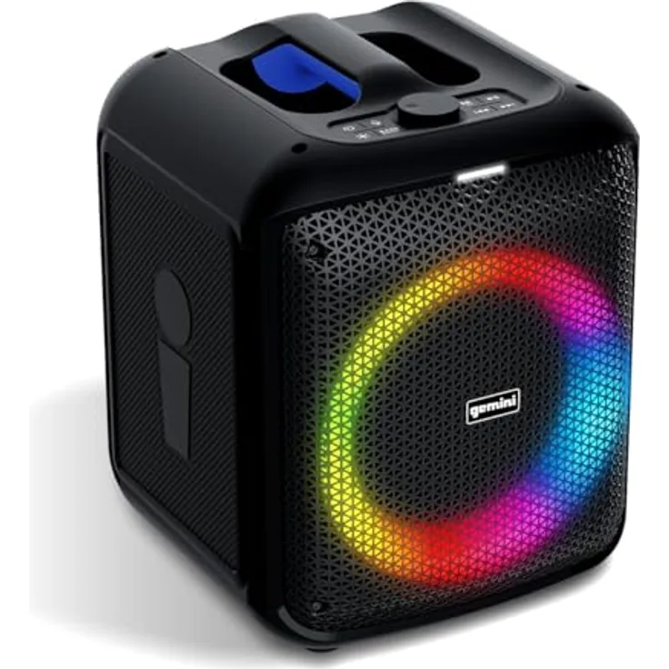Gemini Sound GGO-650L, tragbare Bluetooth-Boombox 100W mit LED-Partybeleuchtung, TWS-Kopplungsfunktion und Funkmikrofon, aufladbarer Akku, 10 Stunden Laufzeit, USB und AUX