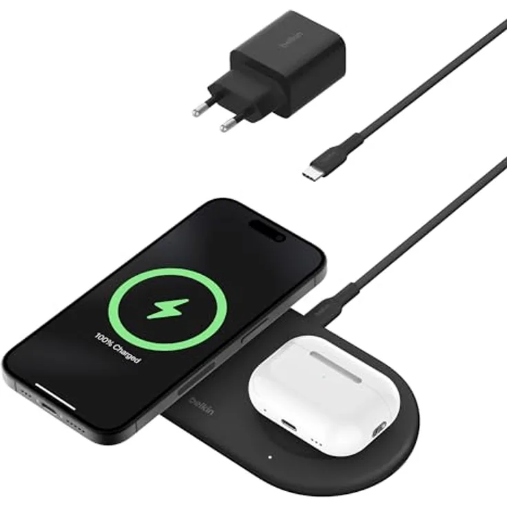 Belkin BoostCharge Pro kabellose 2-in-1-Ladestation mit magnetischem Qi2, 15W, Schnellladegerät, Wireless Charger kompatibel mit iPhone 15, AirPods und MagSafe-fähigen Geräten – Schwarz