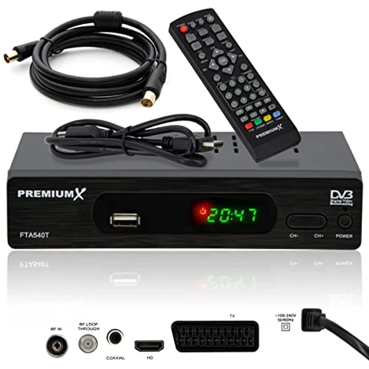 PremiumX FTA 540T, Full HD DVB-T2 Receiver mit H.265 HEVC, USB Mediaplayer, HDMI und SCART, inkl. Antennenkabel, Auto Installation – Bild 1